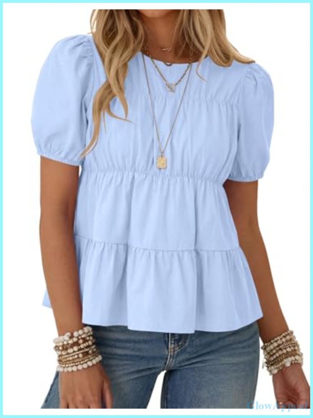 Women's Puff Sleeve Babydoll Top Cotton Pleated Peplum Tunic